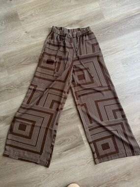 Brown Geometric Wide-Leg Drawstring Pants